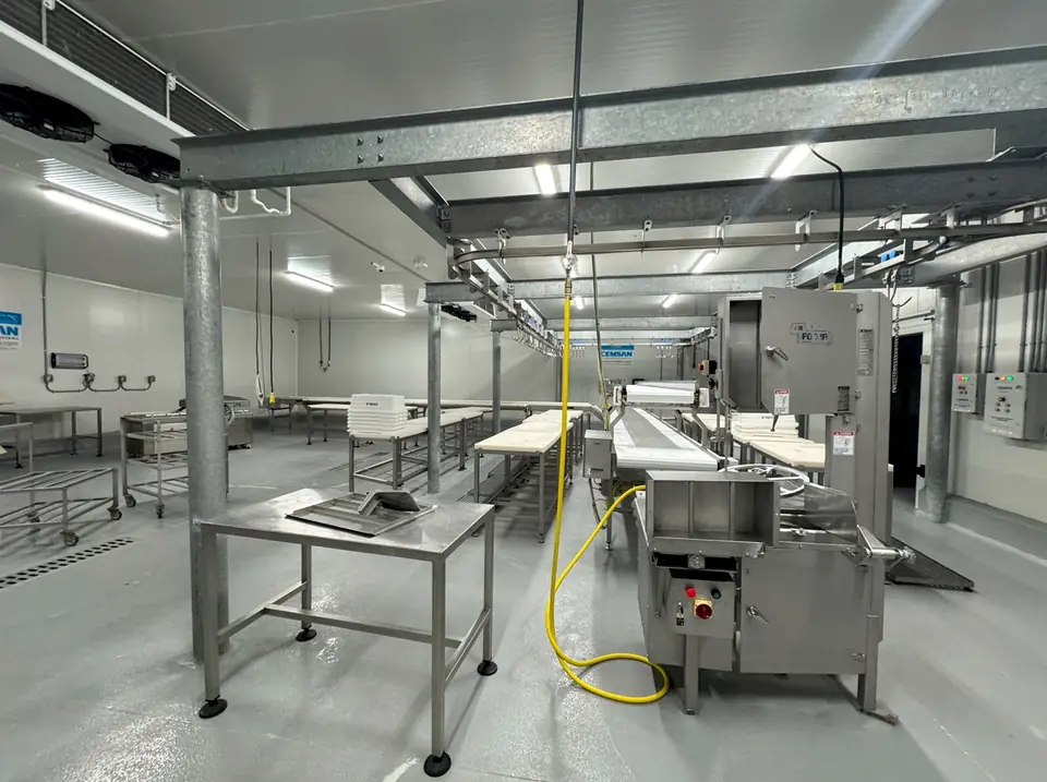 Processing room with a band saw, conveyor and stainless work tables